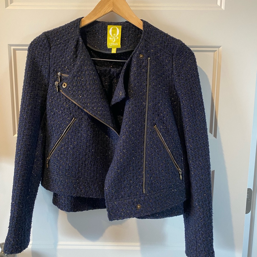 Qmack Women's A-Line Metallic Tweed Crop Blazer & Mini Skirt (Navy)